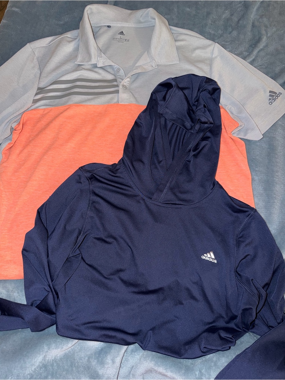 adidas Men's Navy Hooded Pullover with Light Gray and Coral Panel Polo